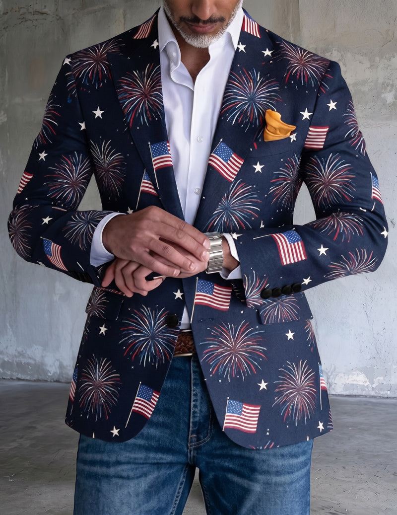 Men's Patriotic Fireworks American Flag Print Blazer – Slim Fit Party Jacket