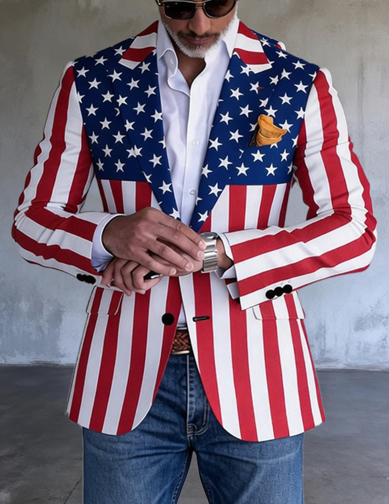 Men's flag blazer with gold eagle chest patch, red-and-white striped sleeves, button front.