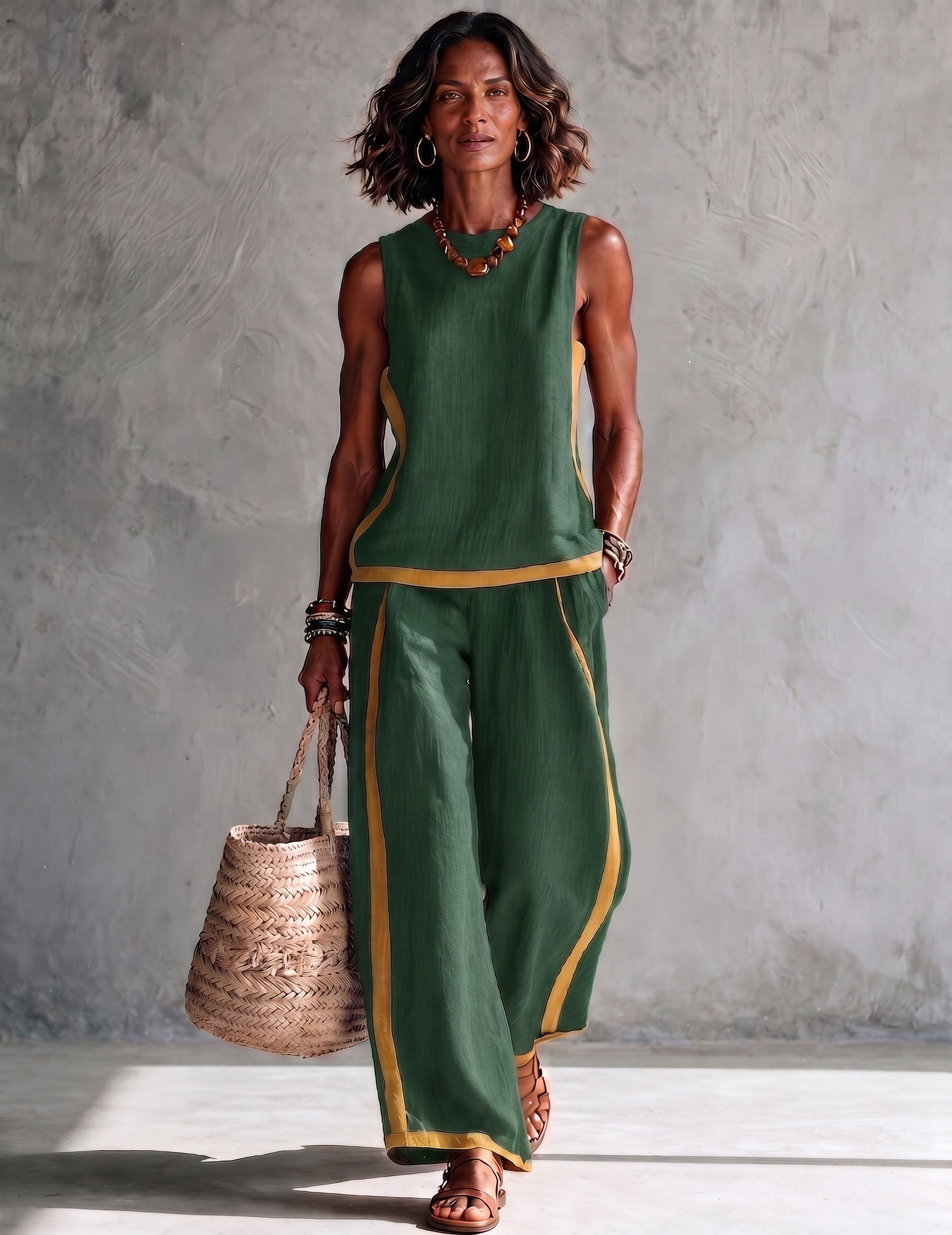 Dark green sleeveless top and wide-leg pants set with gold trim on sides and cuffs