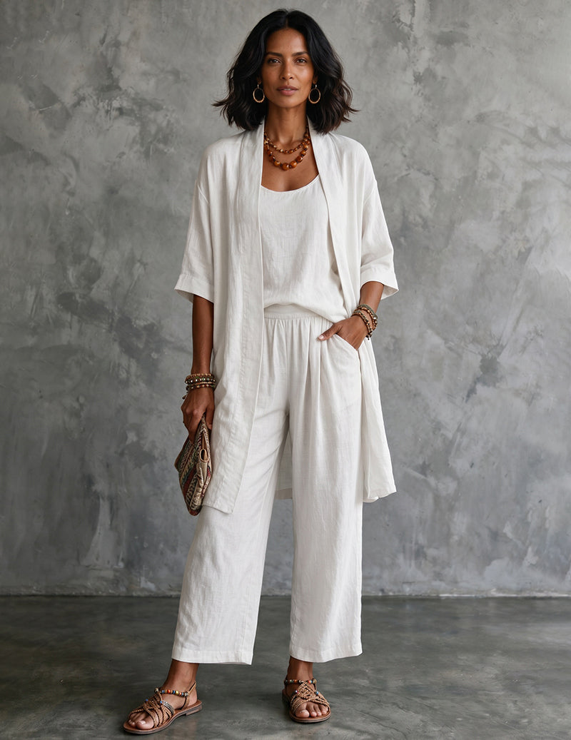 White linen cami and wide-leg pants with open kimono cardigan, relaxed drape