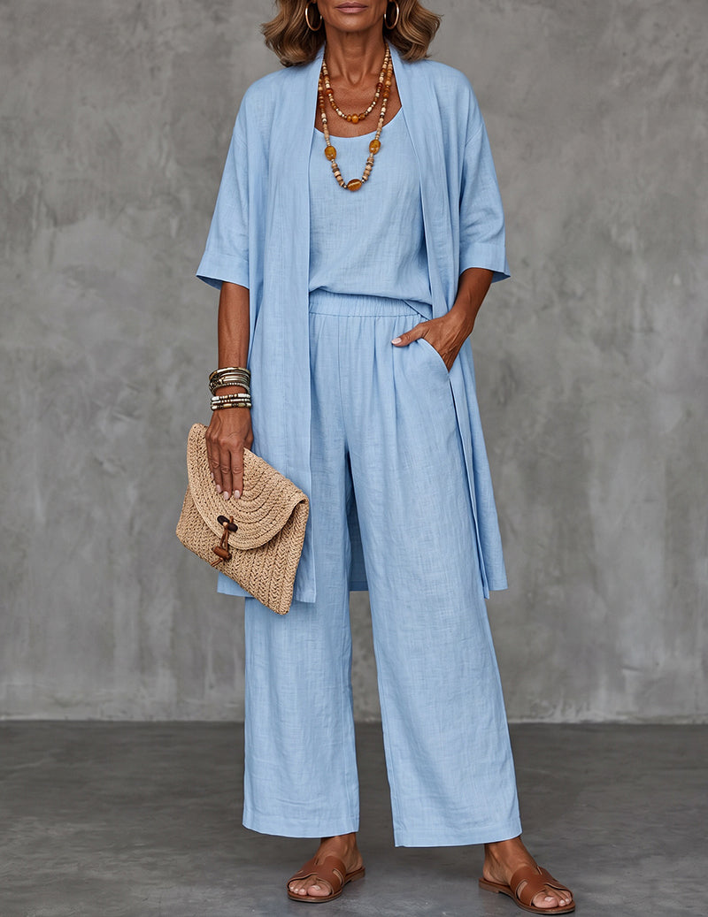 Light blue linen set with short-sleeve kimono cardigan, cami and wide-leg pants