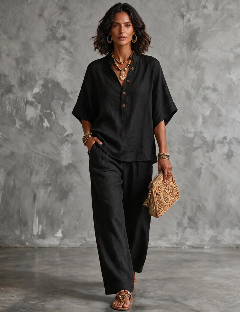 Linen Two Piece Set Mandarin Collar Batwing Sleeve Top & Wide Leg Pants