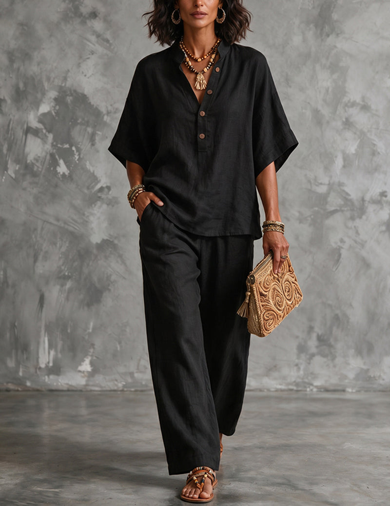 Linen Two Piece Set Mandarin Collar Batwing Sleeve Top & Wide Leg Pants