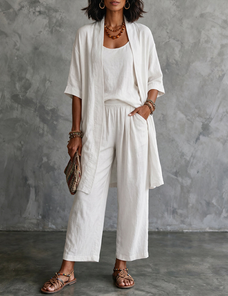 White linen kimono cardigan with cami and wide-leg pants set, flowing fit