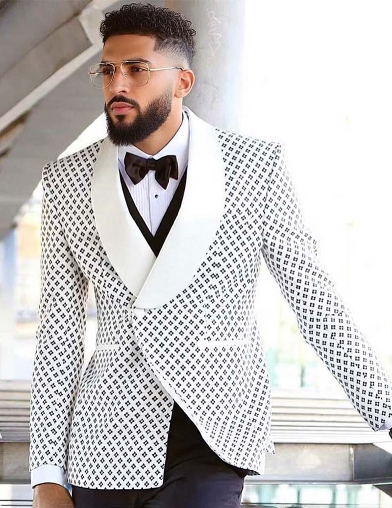 White single-breasted tuxedo blazer with geometric diamond jacquard and flap pocket