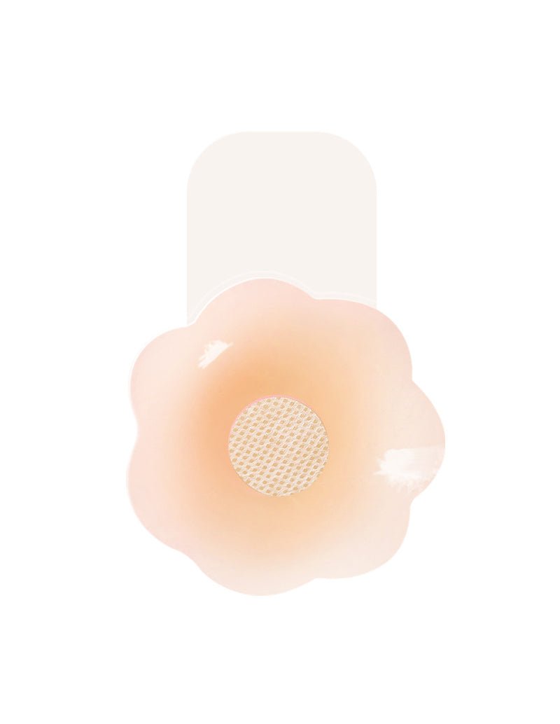 Single reusable nipple cover, beige semi-sheer pad with mesh center.