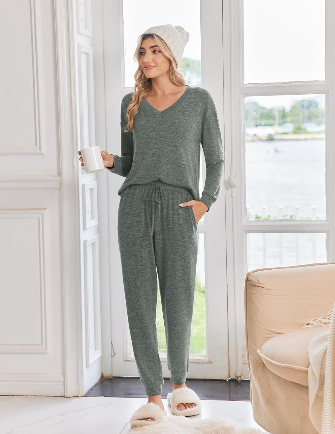 Ekouaer jogger pajama set, dark green long-sleeve V-neck top and matching pants