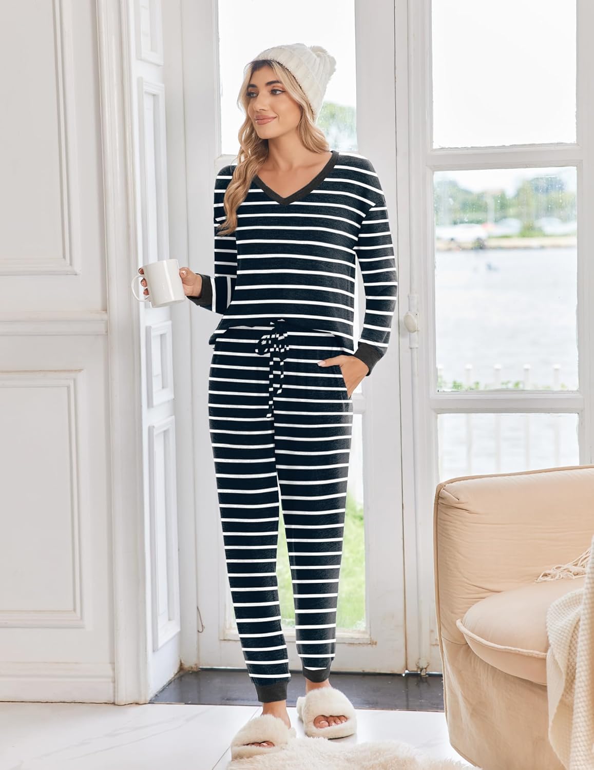 Black and white striped long-sleeve pajama set with drawstring jogger pants