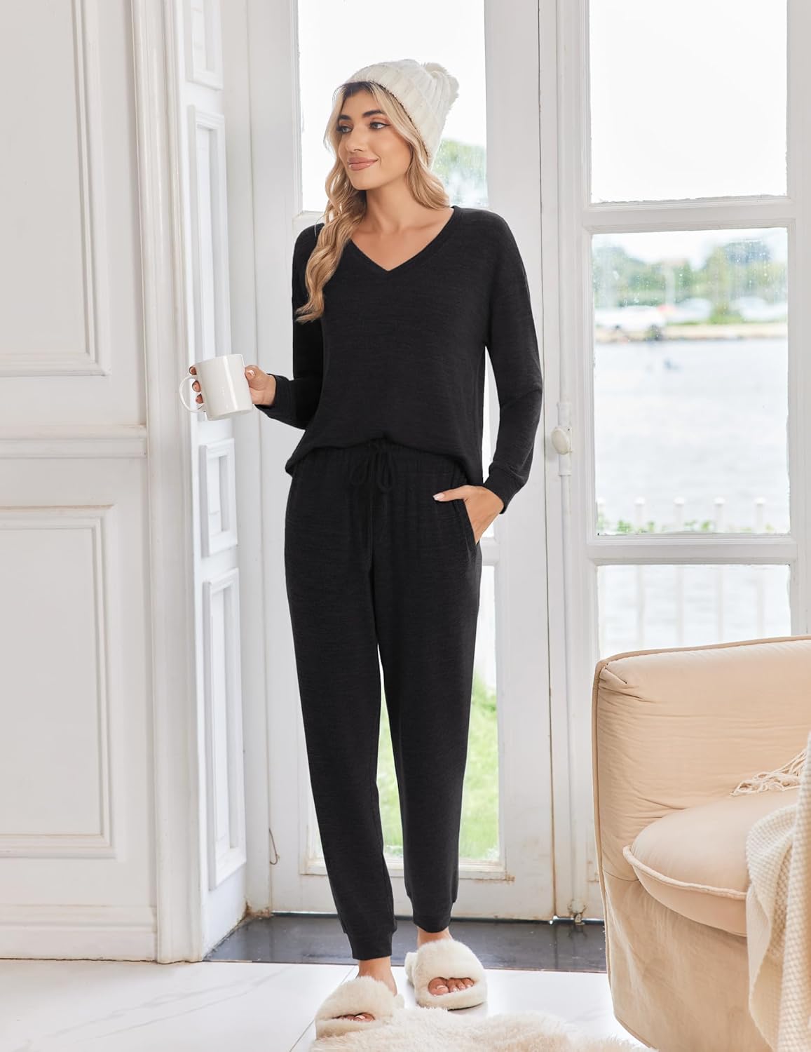 Black long-sleeve pajama set with V-neck top and drawstring pants