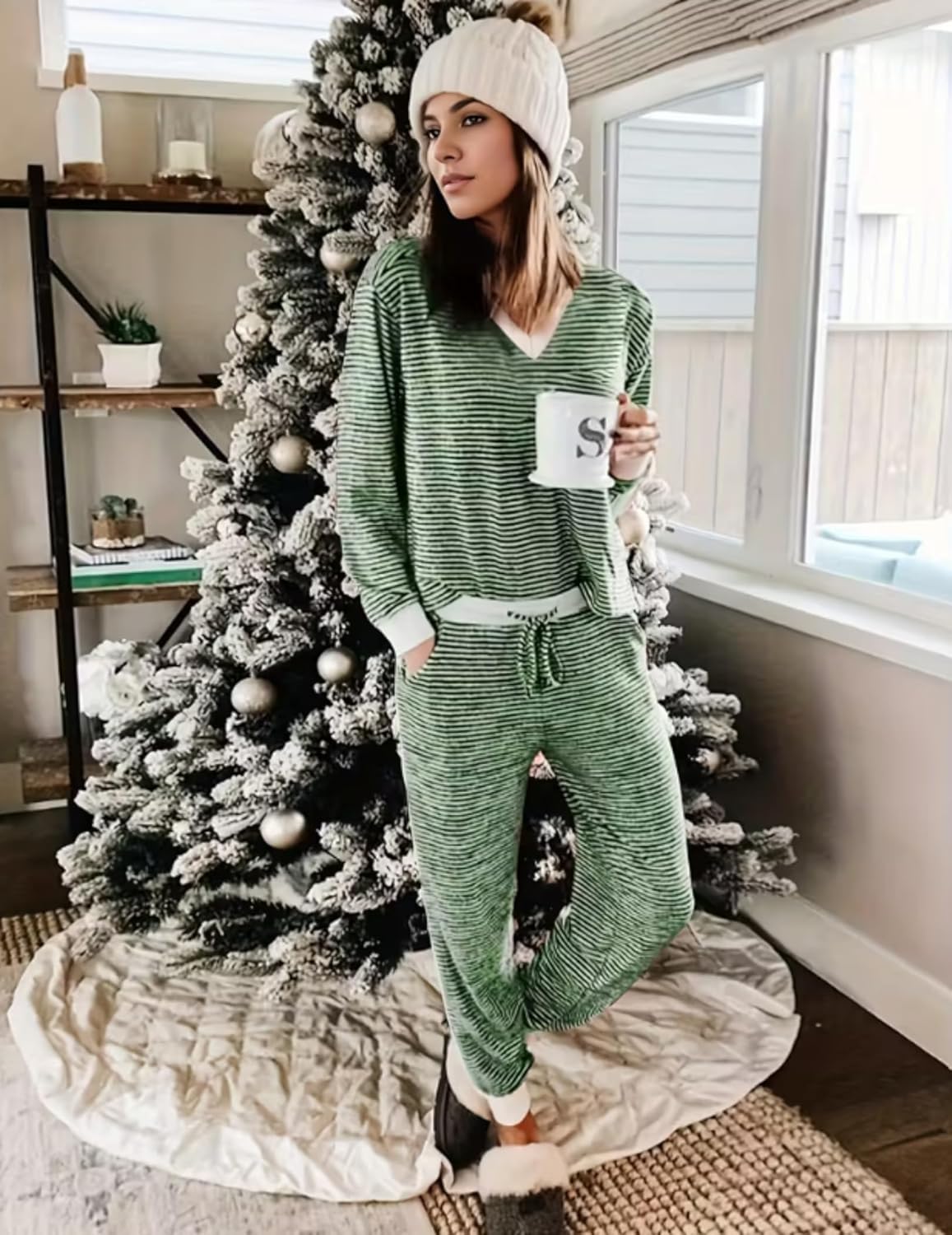 Jogger pajama set in green stripes, long-sleeve V-neck top with drawstring pants