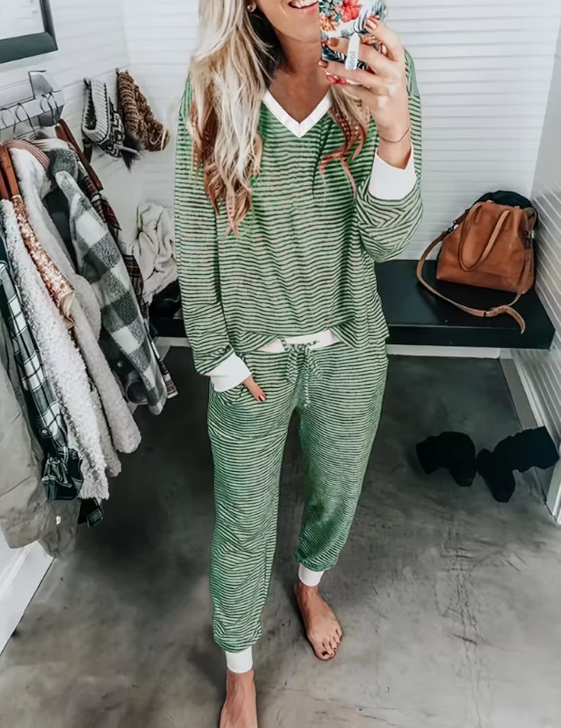 Green striped long-sleeve pajama set with V-neck top and cuffed jogger pants