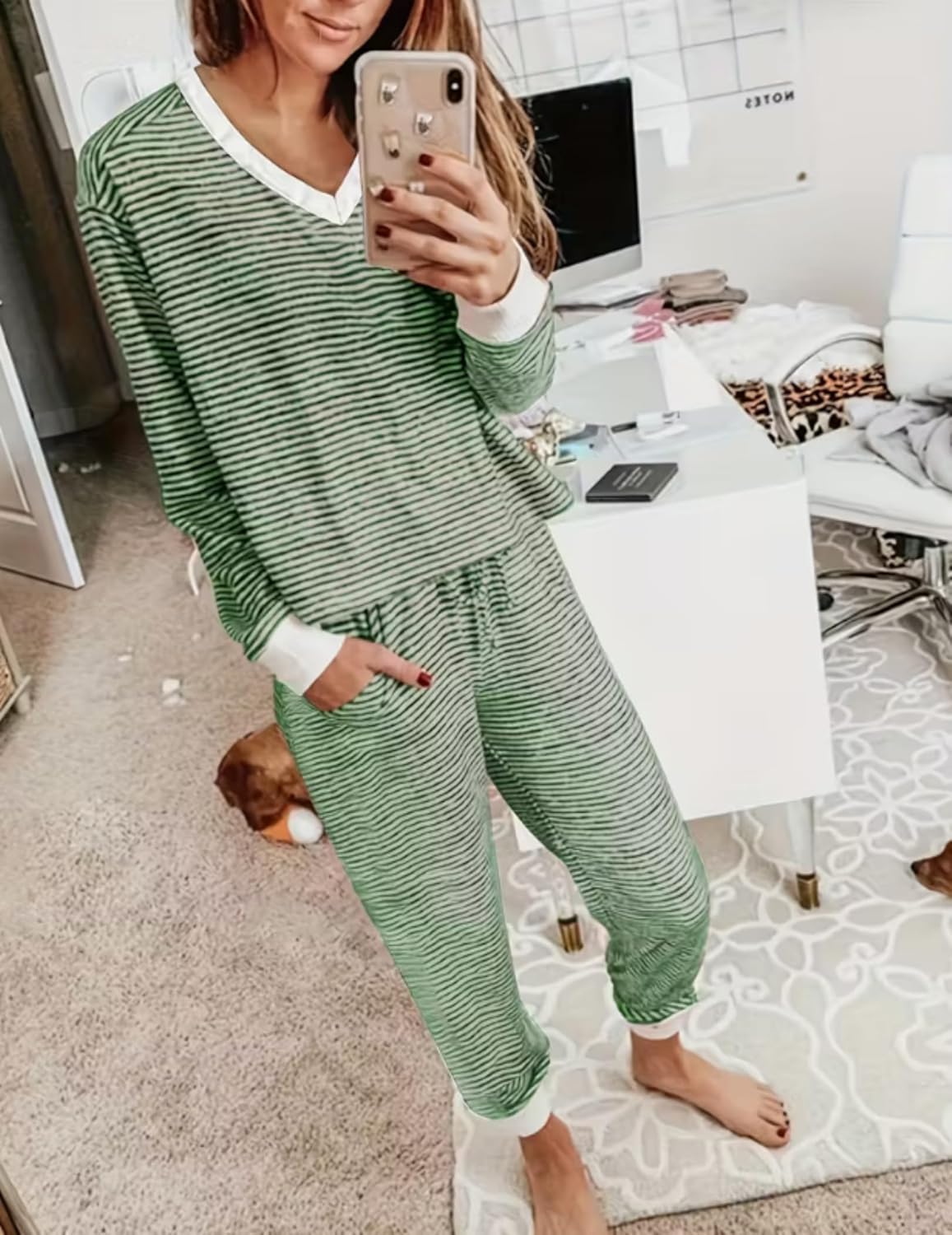 Green striped lounge set: long-sleeve V-neck top and drawstring jogger pants