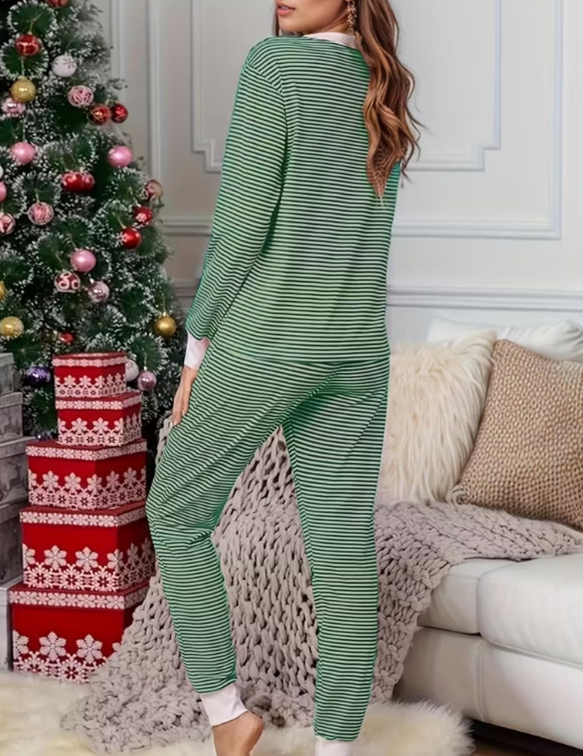 Jogger pajama set, green striped long-sleeve top with matching drawstring pants