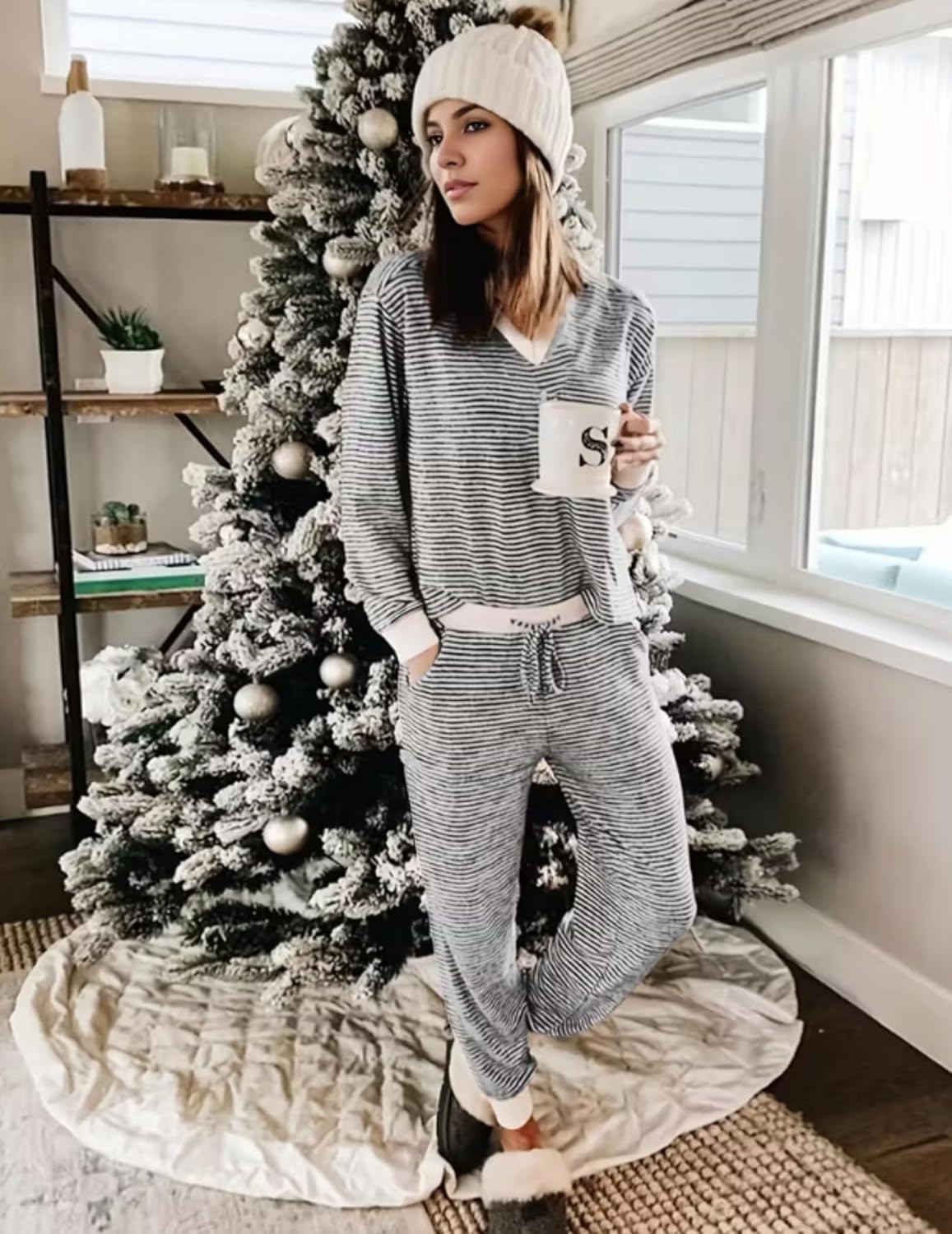 Grey striped long-sleeve pajama set with matching jogger pants