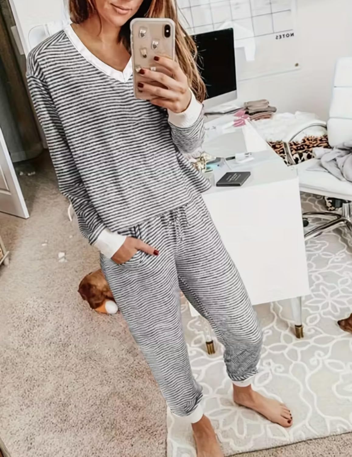 Grey striped long-sleeve top and jogger pants lounge set