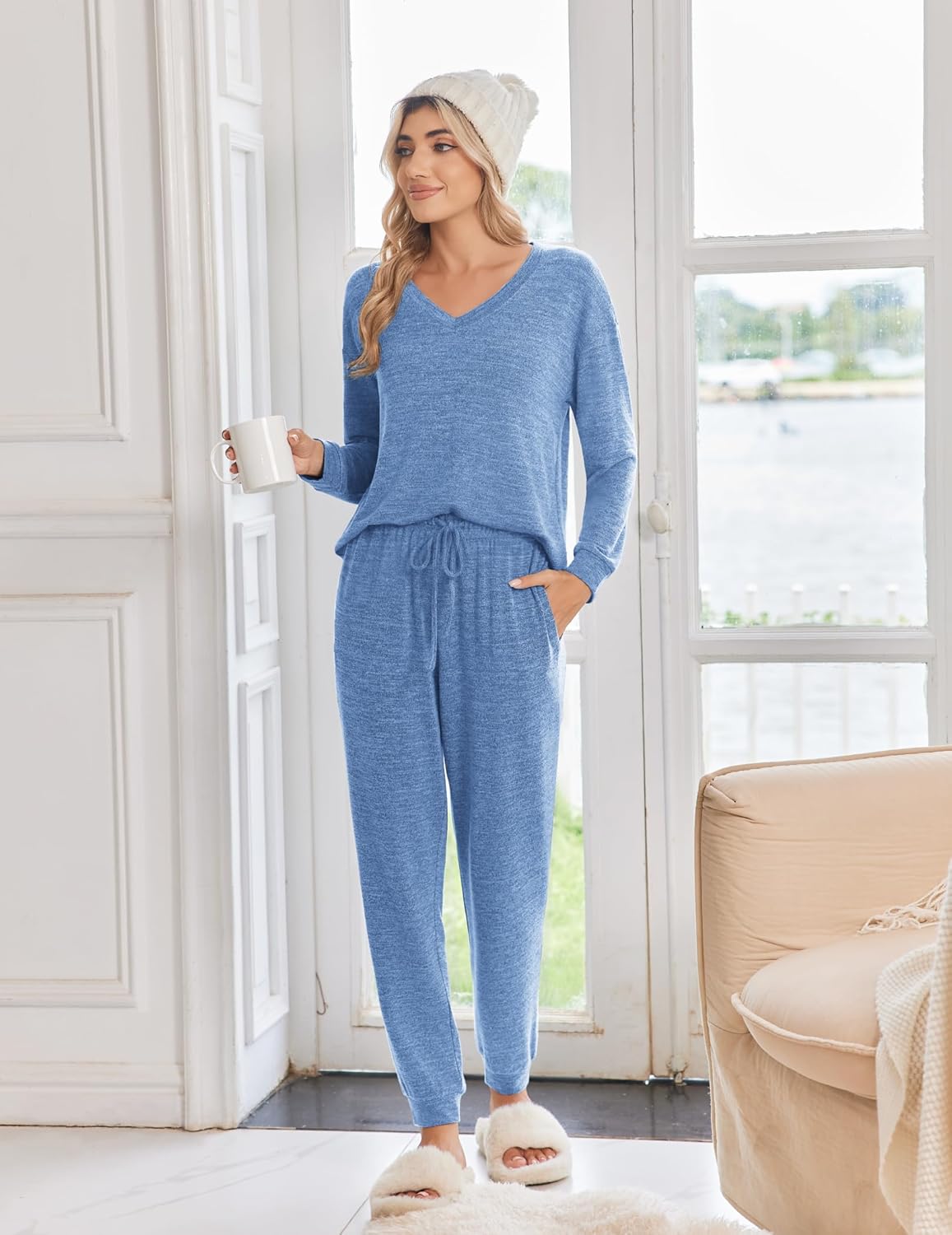 Light blue long-sleeve pajama set with V-neck top and drawstring pants