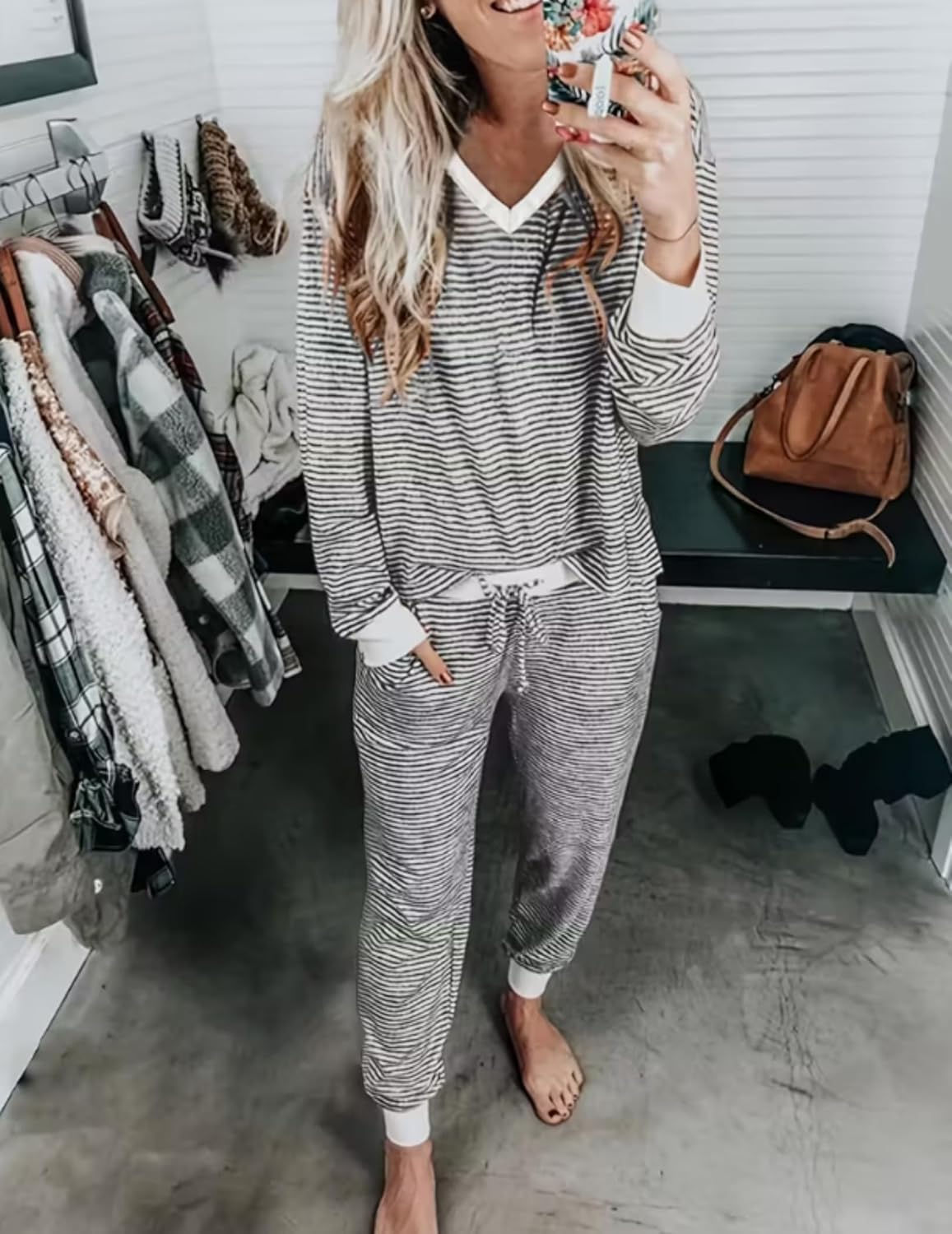 Grey striped lounge set: long-sleeve V-neck top with drawstring jogger pants
