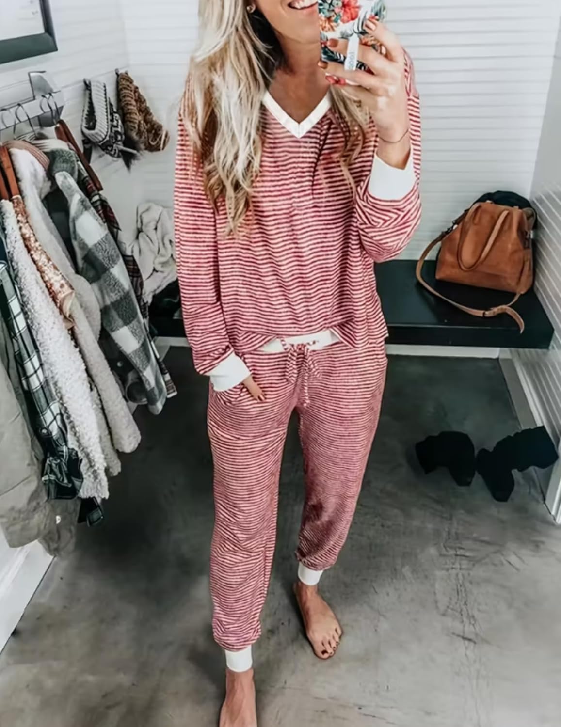 Ekouaer long-sleeve jogger pajama set, red-and-white striped top and matching pants
