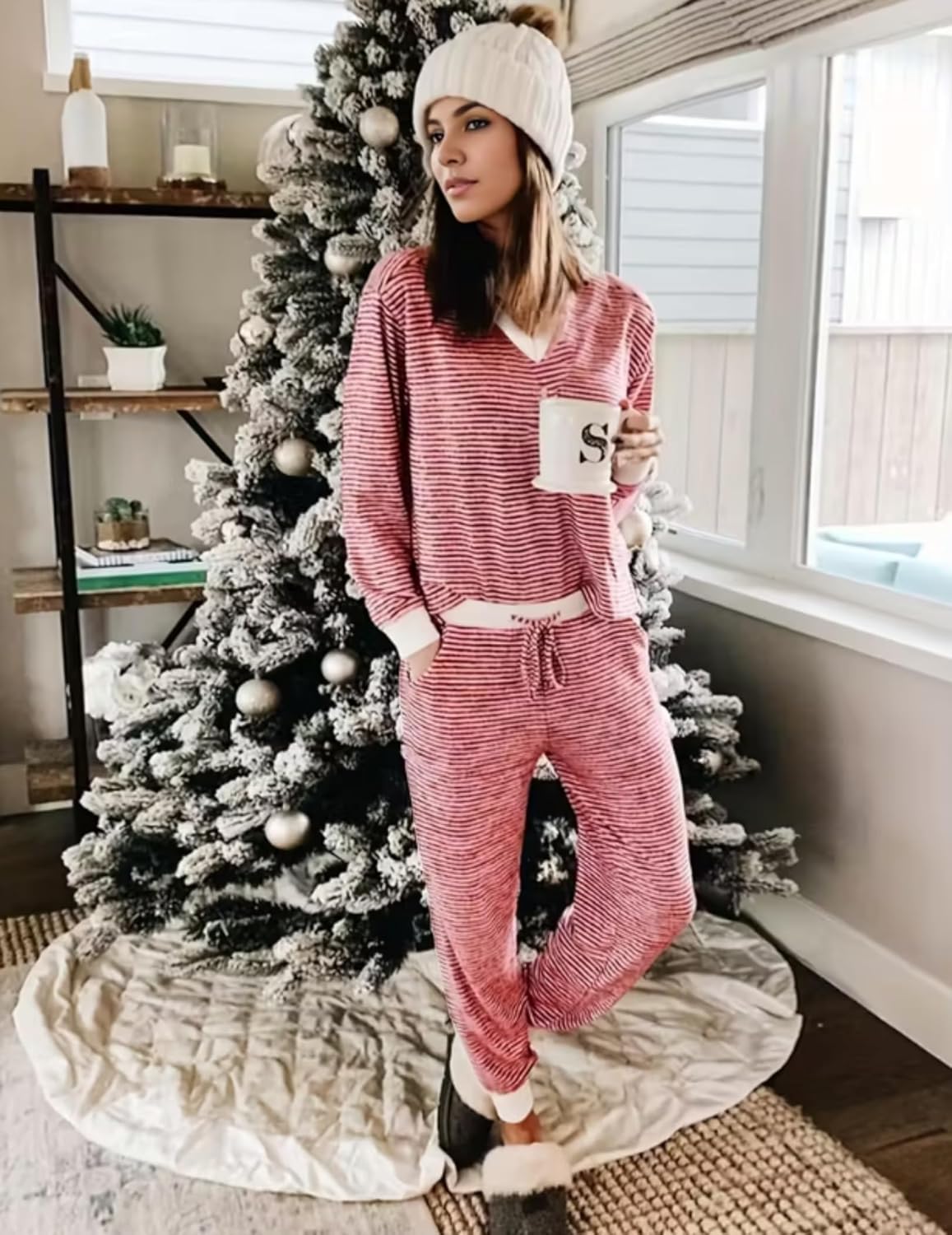 Red-and-white striped long-sleeve pajama set with drawstring jogger pants and cuffs