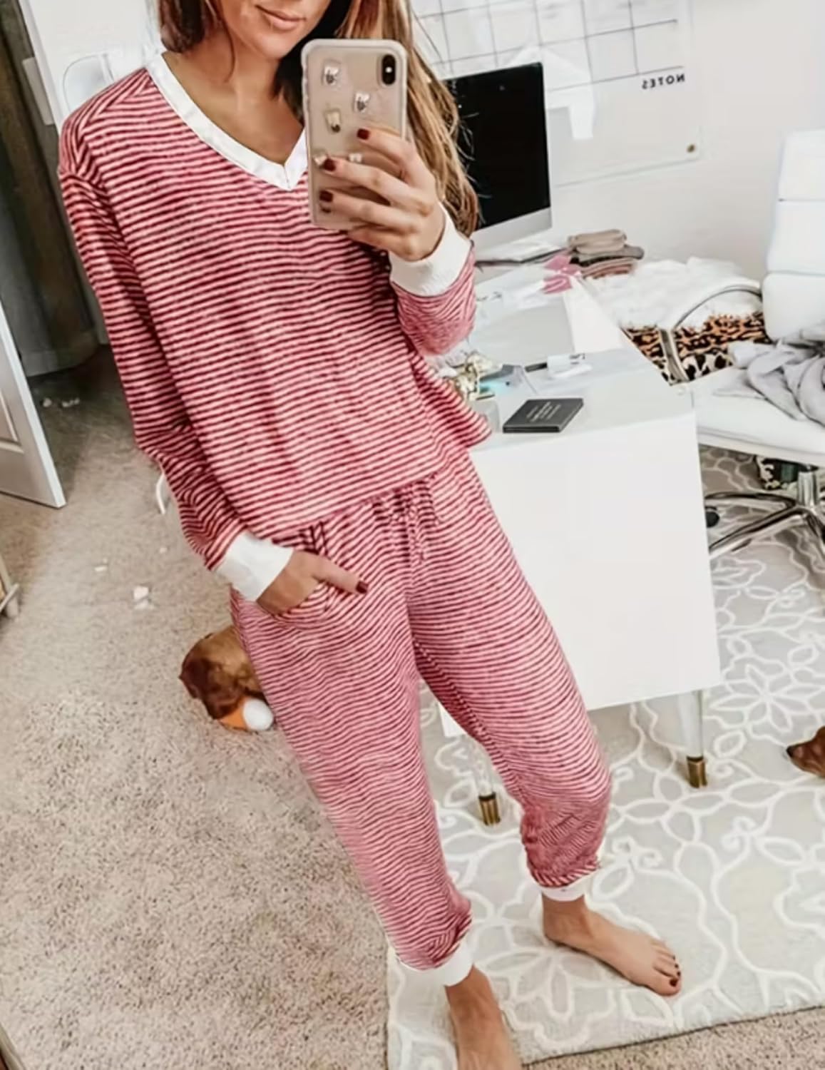Red-and-white striped long-sleeve lounge set, V-neck top and ankle-length jogger pants