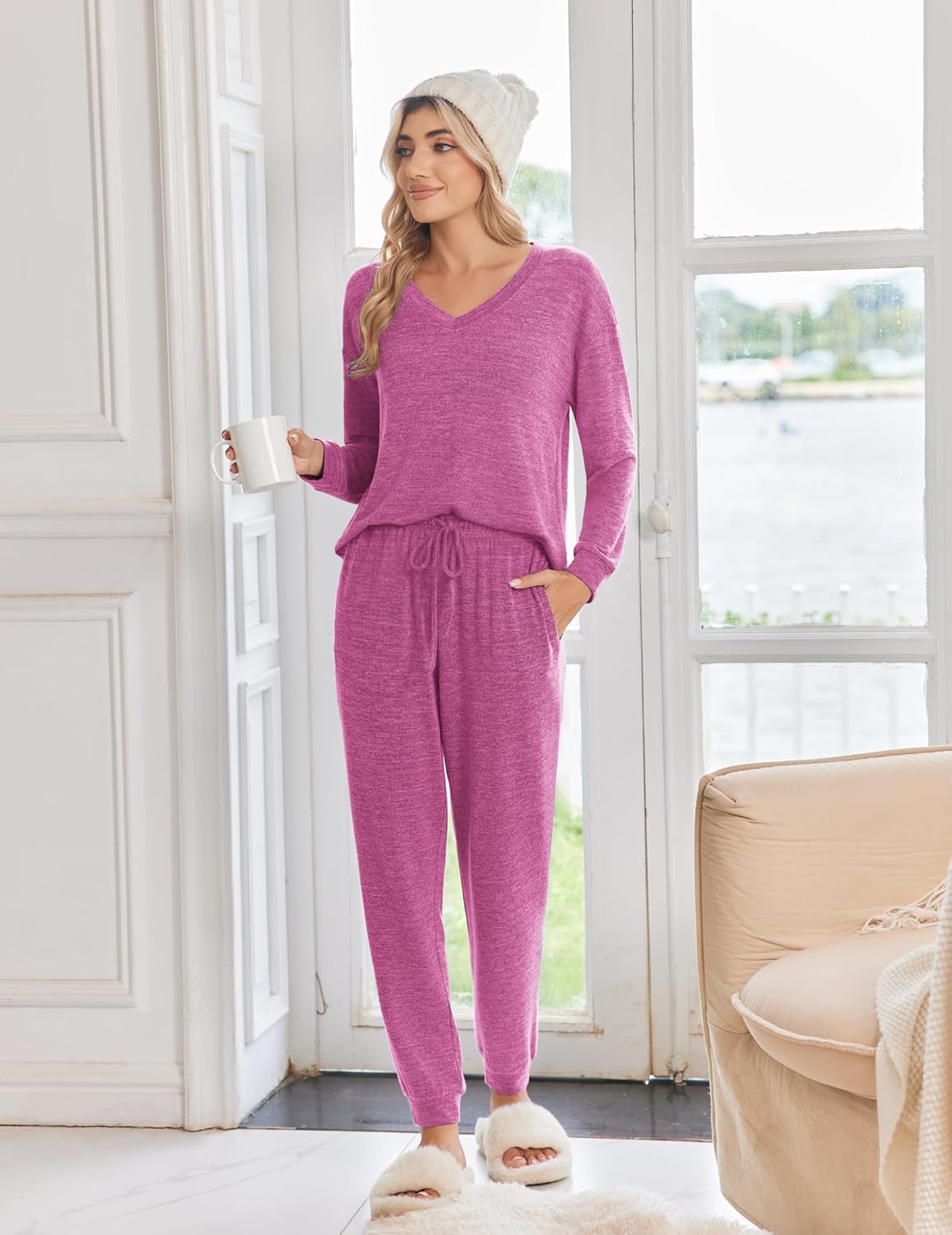 Rose red long-sleeve top and matching jogger pants lounge set