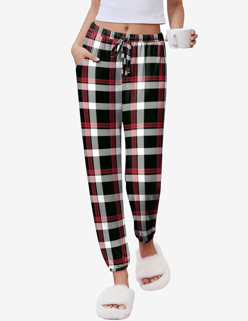 Black green red white plaid pajama jogger pants with elastic waist and drawstring