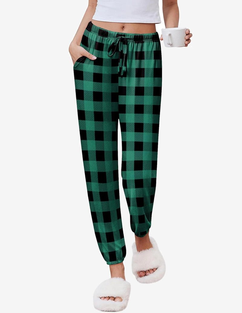 Green black plaid teddy jogger pants with elastic waist and drawstring
