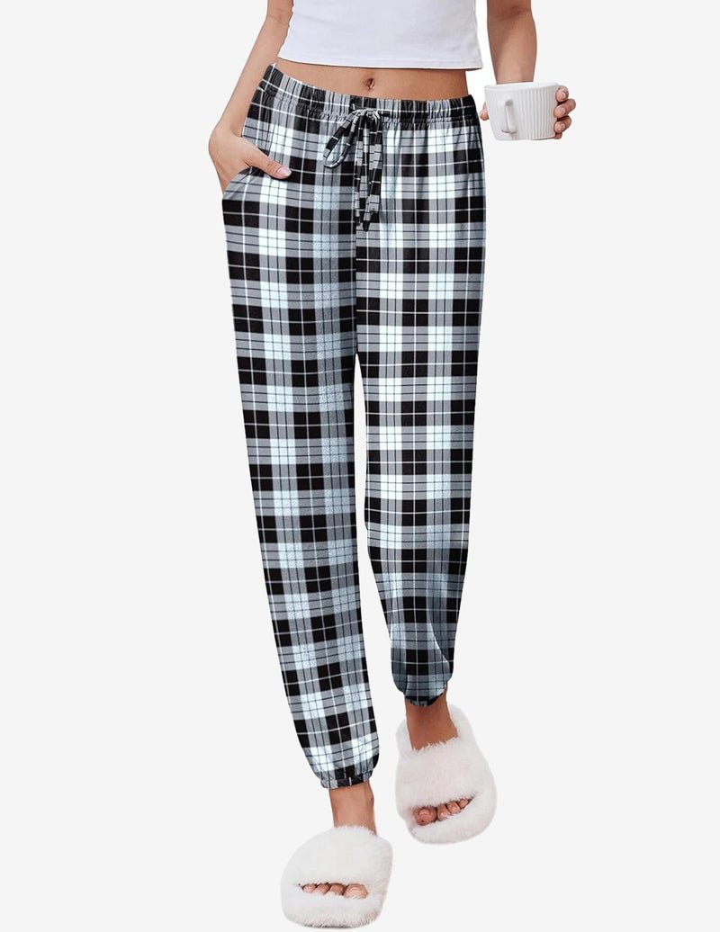Cozy jogger pajama pants, black-and-white plaid, drawstring waist, tapered cuffs