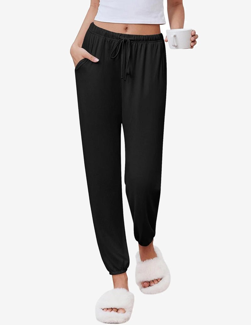 Black lounge jogger pants with elastic waistband and drawstring, tapered ankle cuffs