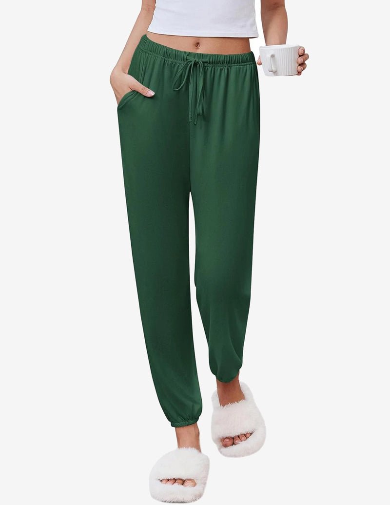 Comfy jogger pajama pants, solid green, elastic drawstring waist, ankle cuffs