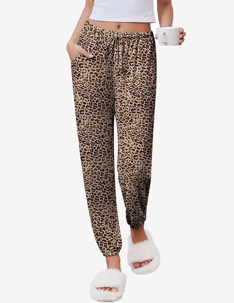 Leopard print lounge jogger pants with elastic waistband, drawstring and tapered cuffs