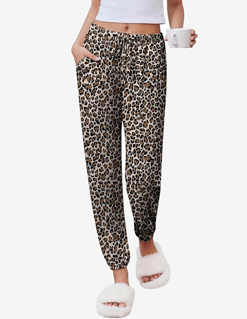 Leopard print lounge jogger pants with elastic waistband and drawstring, cuffed ankles