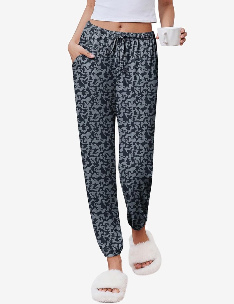 Dark charcoal patterned lounge jogger pants with elastic drawstring waist and ankle cuffs