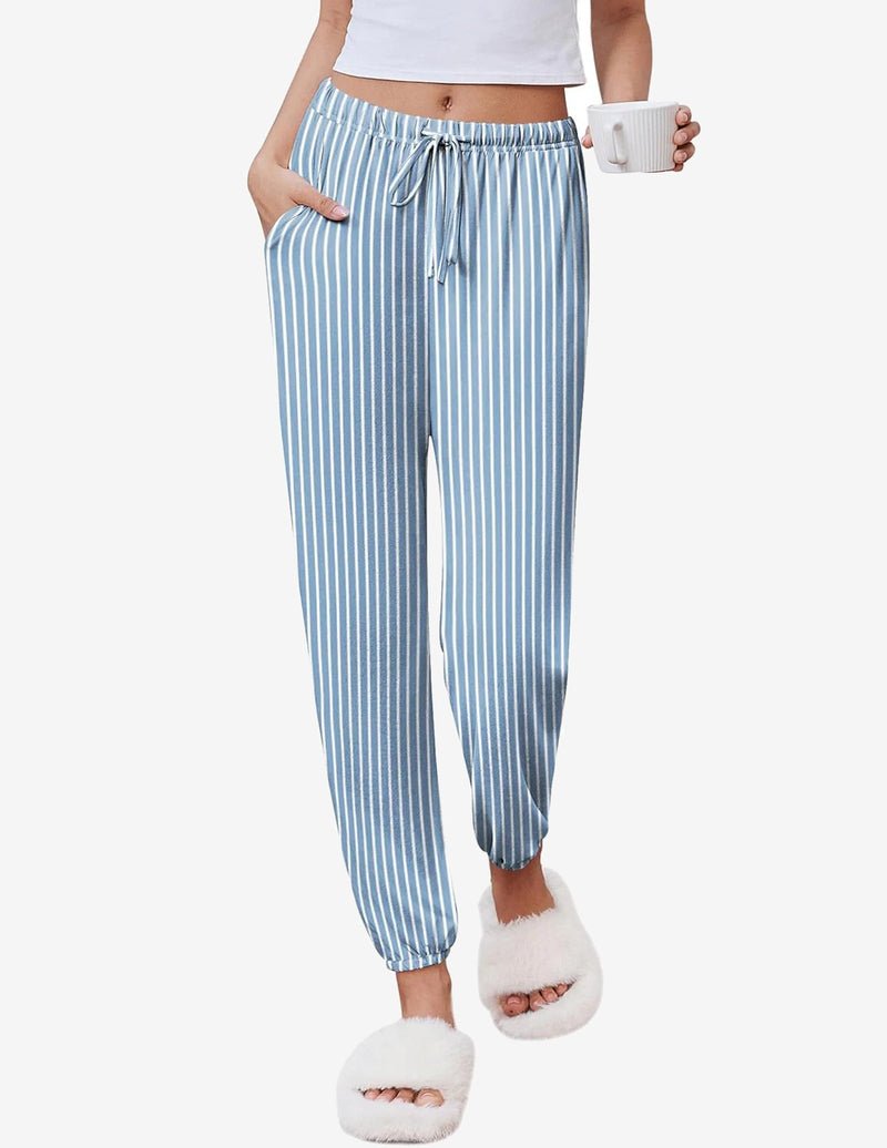 Light blue striped lounge jogger pants with elastic waistband, drawstring and cuffed ankles