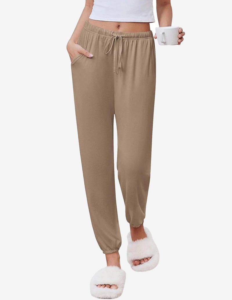 Comfy jogger pajama pants, khaki tan, drawstring elastic waistband, cuffed ankles
