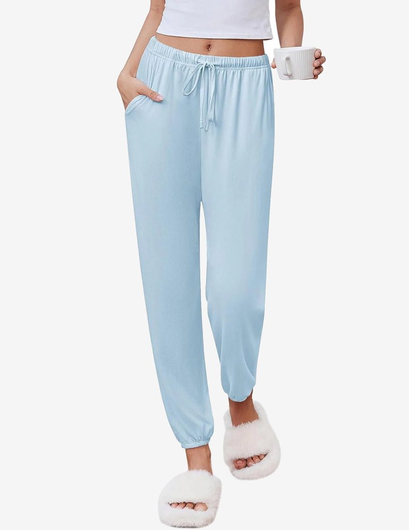 Cozy jogger pajama pants, light blue, drawstring elastic waistband, cuffed ankles