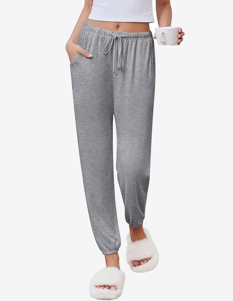 Heather gray lounge jogger pants with drawstring elastic waist and tapered ankle cuffs