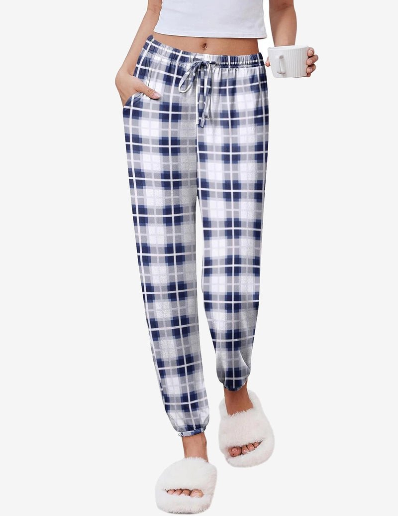 Navy and white plaid pajama jogger pants with elastic waistband, drawstring, and ankle cuffs