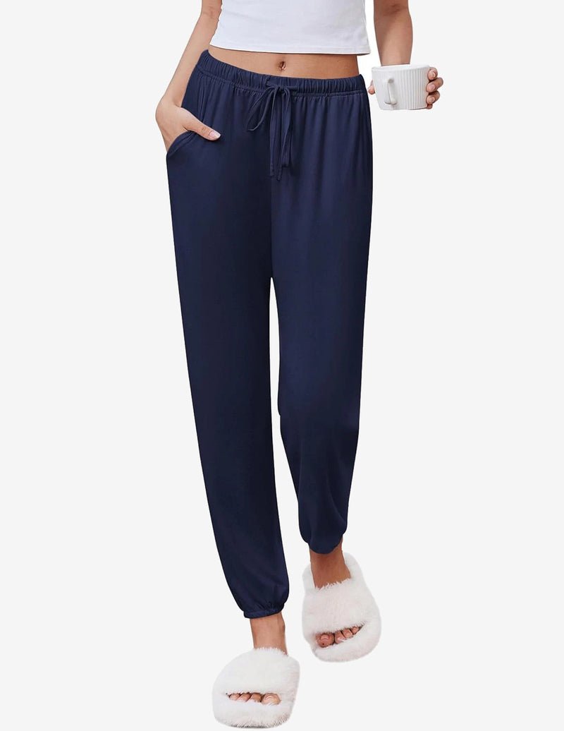 Navy lounge jogger pants with elastic waistband and drawstring, tapered ankle cuffs