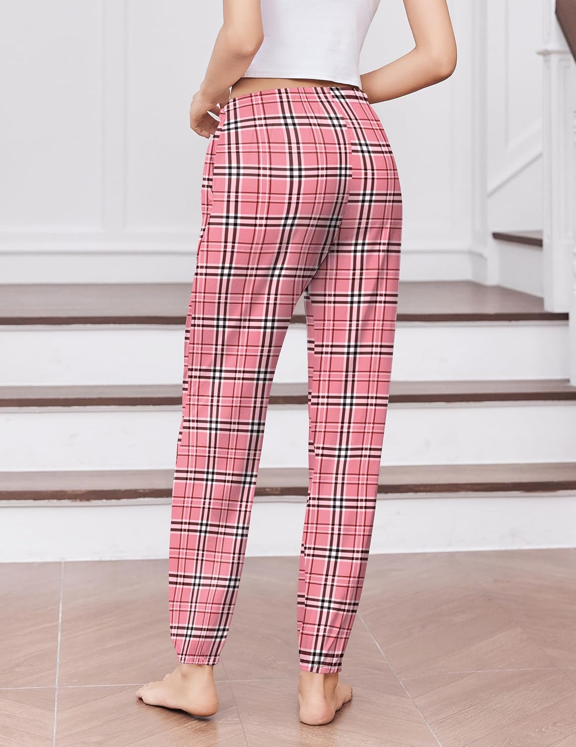 Pink check plaid lounge jogger pants with tapered fit and ankle cuffs