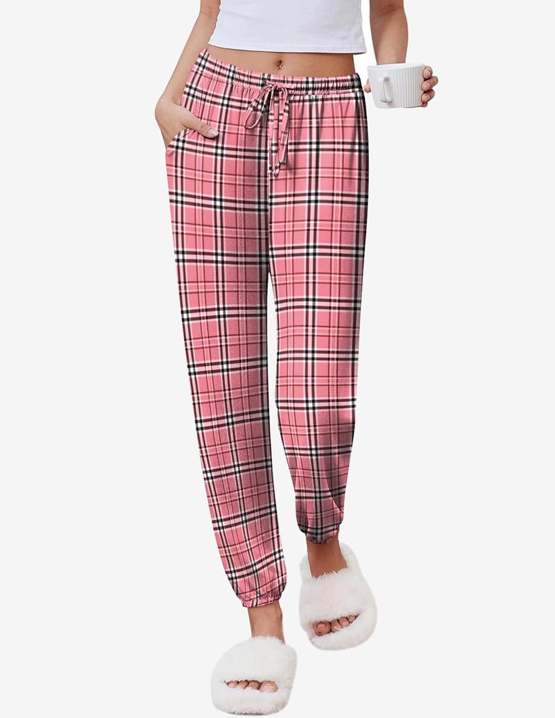 Pink plaid pajama jogger pants with elastic waistband and drawstring
