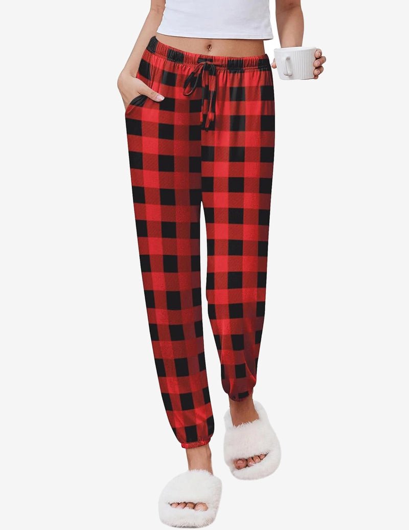 Red and black buffalo plaid pajama jogger pants with elastic waist and tapered cuffs