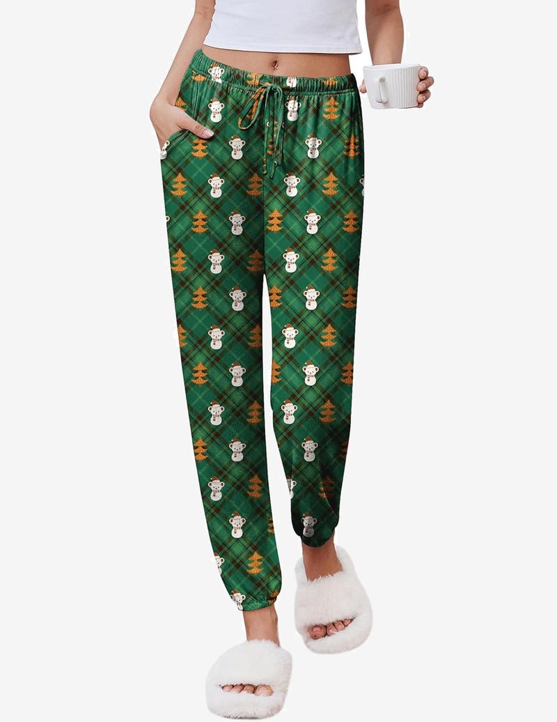 Festive green plaid jogger pajama pants, snowman print, drawstring elastic waist