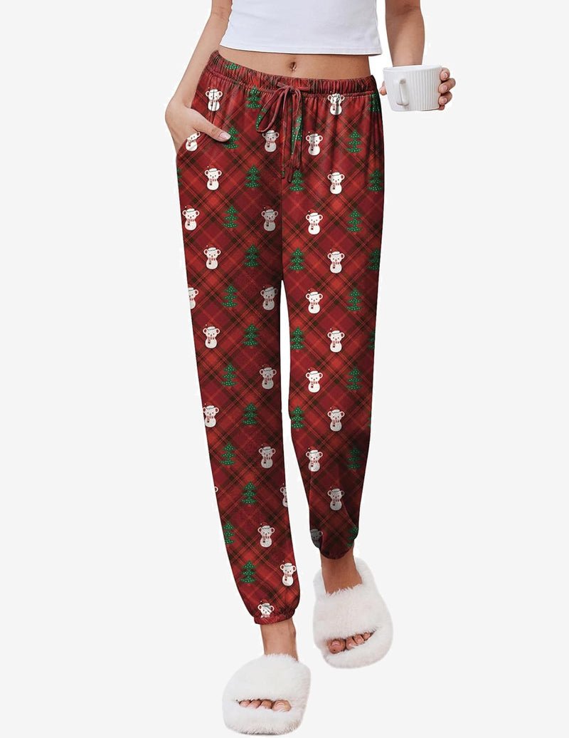 Teddy plaid pajama jogger pants in red with green drawstring waistband