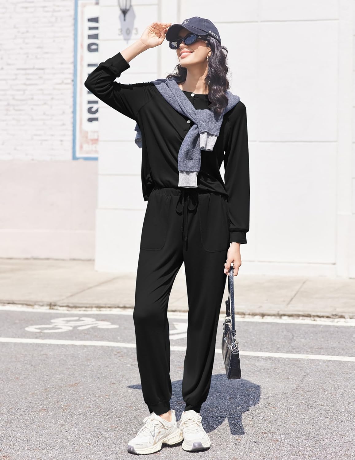 Black 2-piece lounge set with drawstring waist jogger pants and long-sleeve top