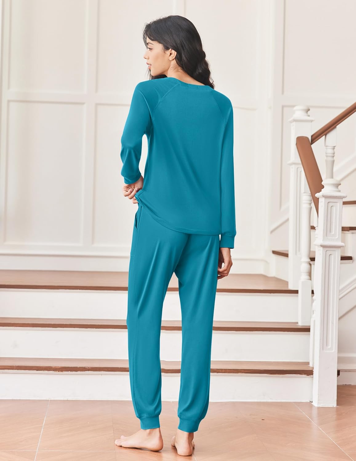 Blue-green henley pajama set with tapered jogger pants and long sleeves