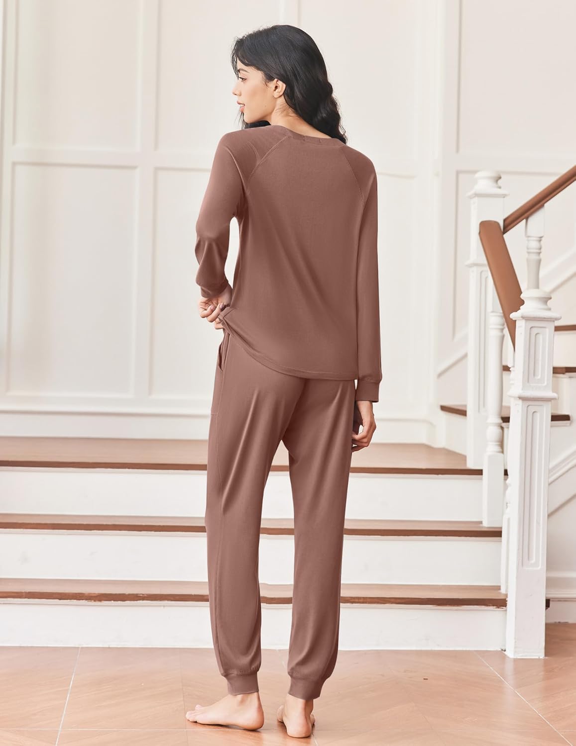 Brown jogger lounge set, back view: long-sleeve henley and tapered ankle joggers