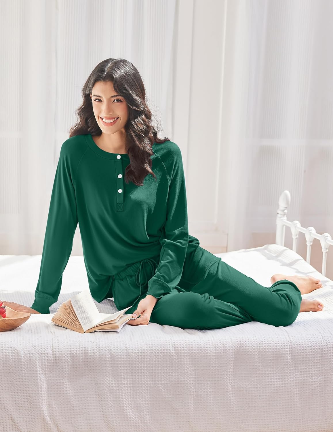 Green 2-piece lounge set: button henley top and matching jogger pants, lounging pose