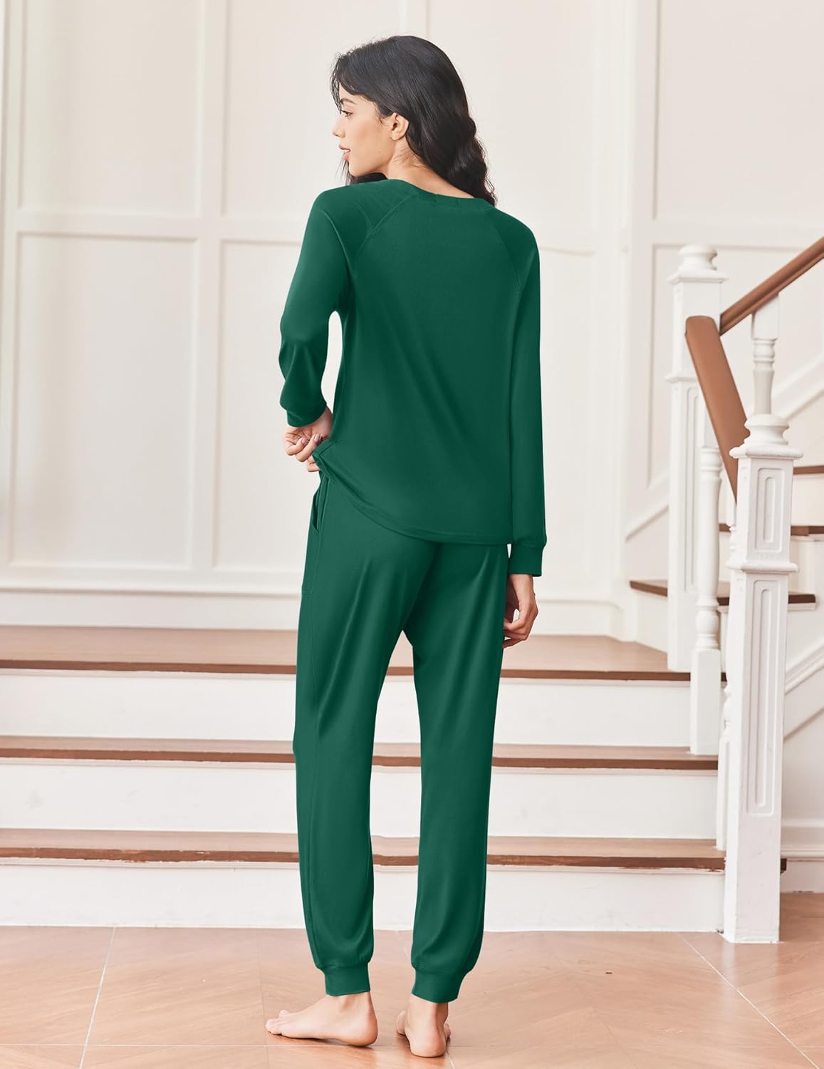 Green jogger lounge set, back view: long-sleeve henley and tapered ankle joggers