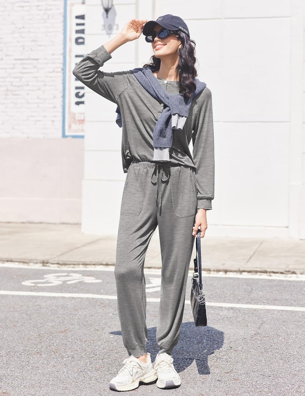 Gray 2-piece jogger pajama set with drawstring waist and long-sleeve top